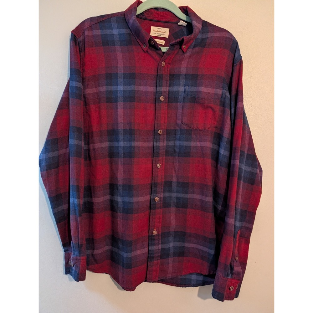 Weatherproof Vintage Luxe Flannel Plaid Button Down Shirt Men L G Red Blue